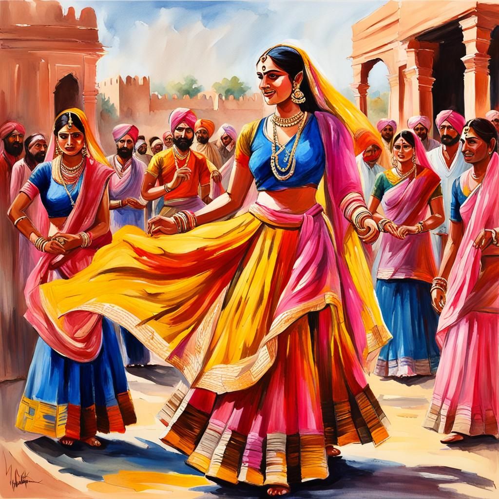 Gulabi Sharara Dances in Rajasthan: Gouache Watercolor Paint...