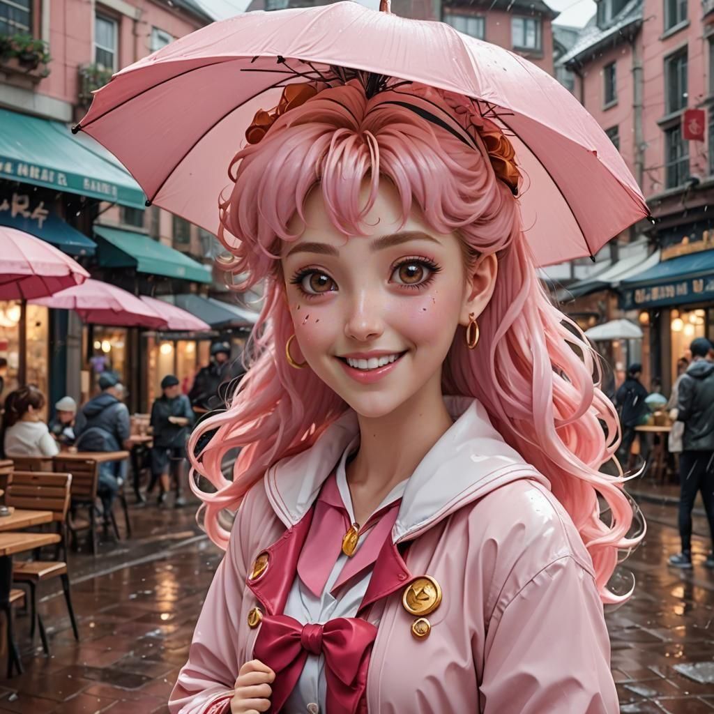 Sailor Chibi Moon Portrait in Rainy Town, Anime Style
