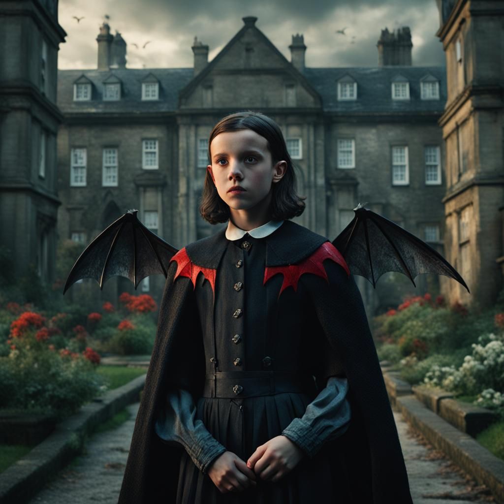 Vampire Girl with Bat Wings in Gothic Setting