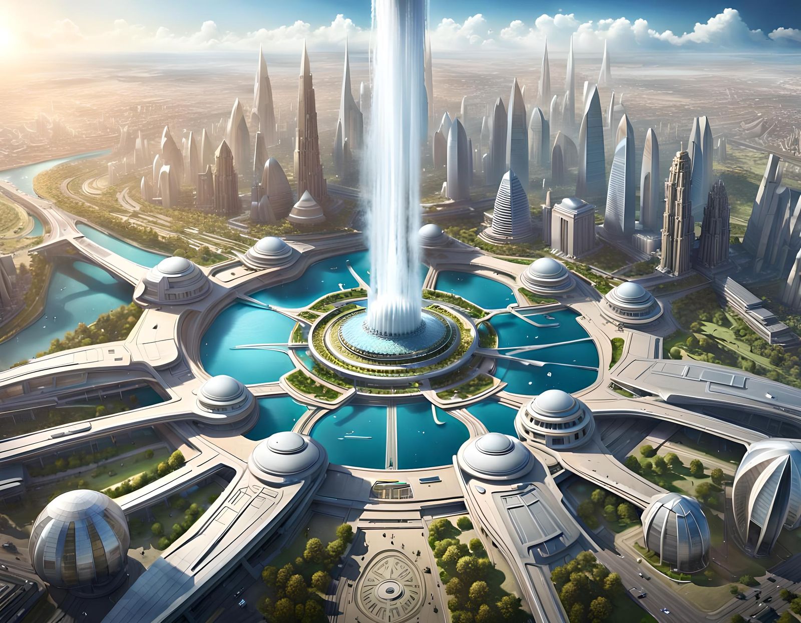 An aerial view of a city with a fountain, huge futuristic te...