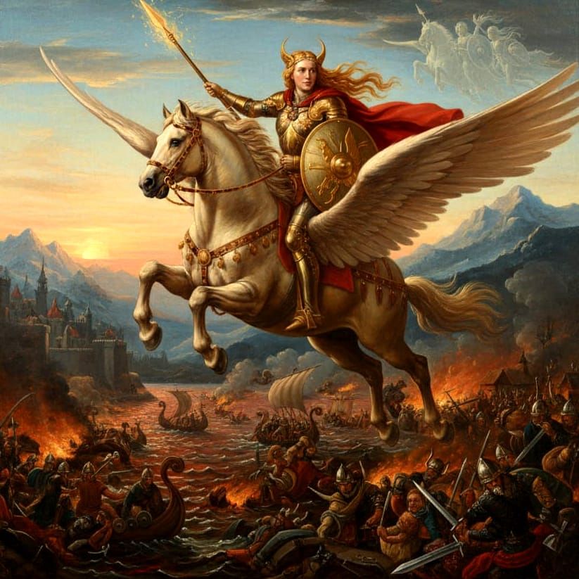 Renaissance Valkyrie Riding Winged Horse Over Battlefield