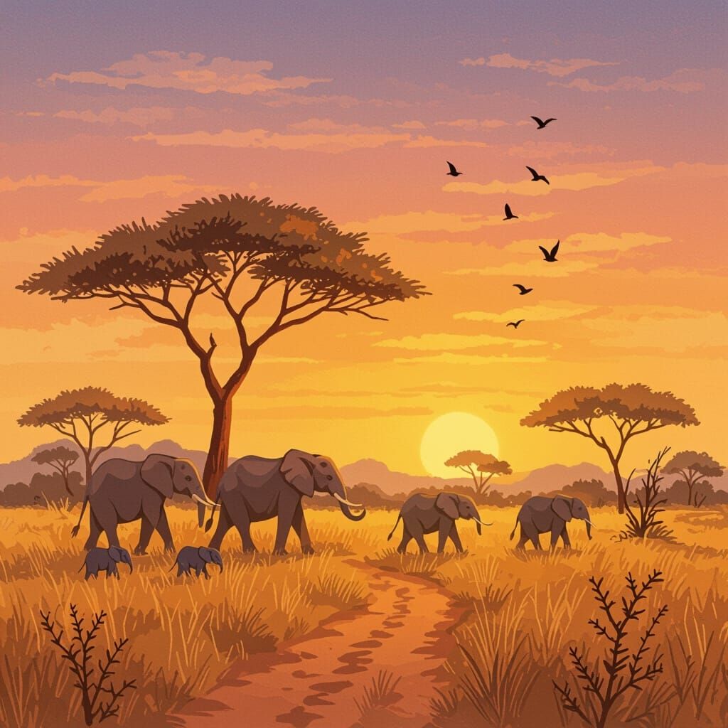 Dreamy African Elephant Illustration in Watercolor Style