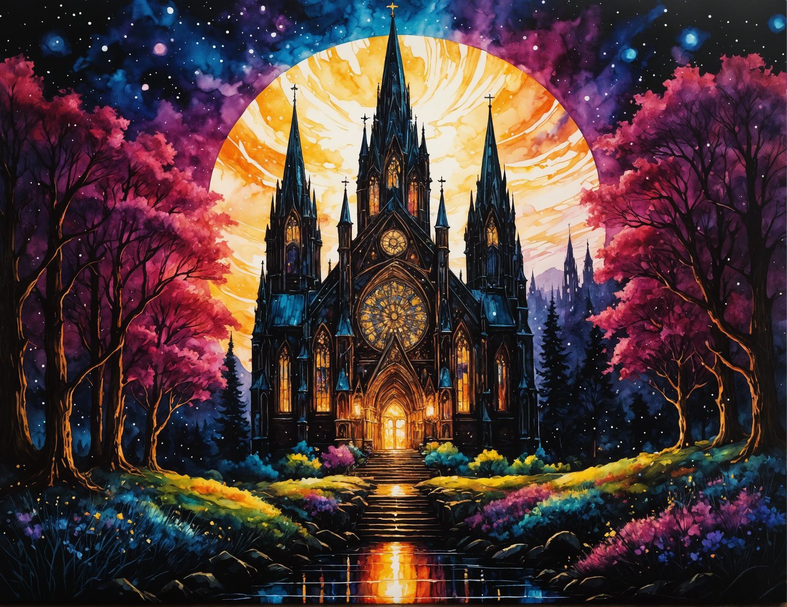 Midnight Cathedral in Alcohol Ink Style
