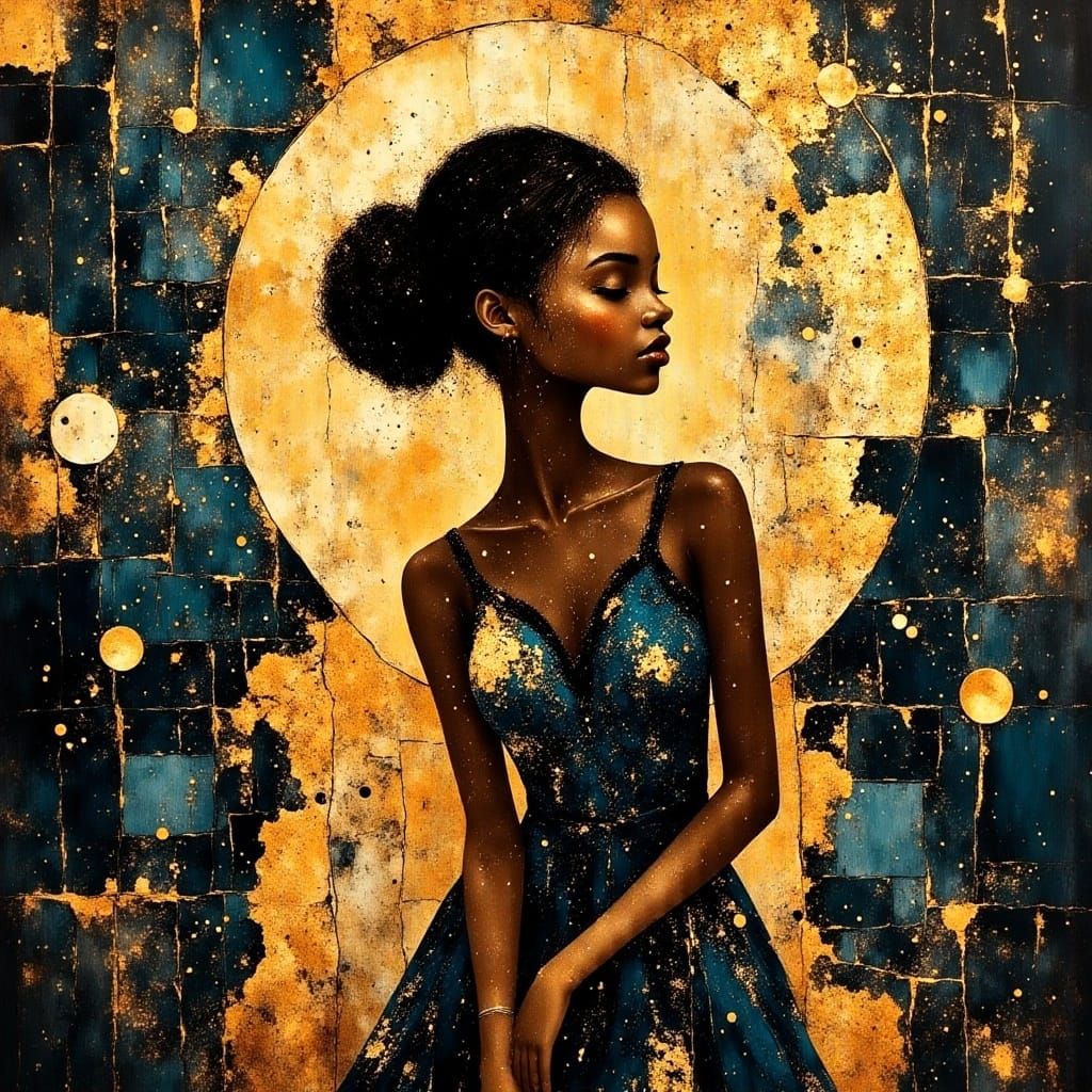 Elegant African Woman with Kintsugi, Klimt Style