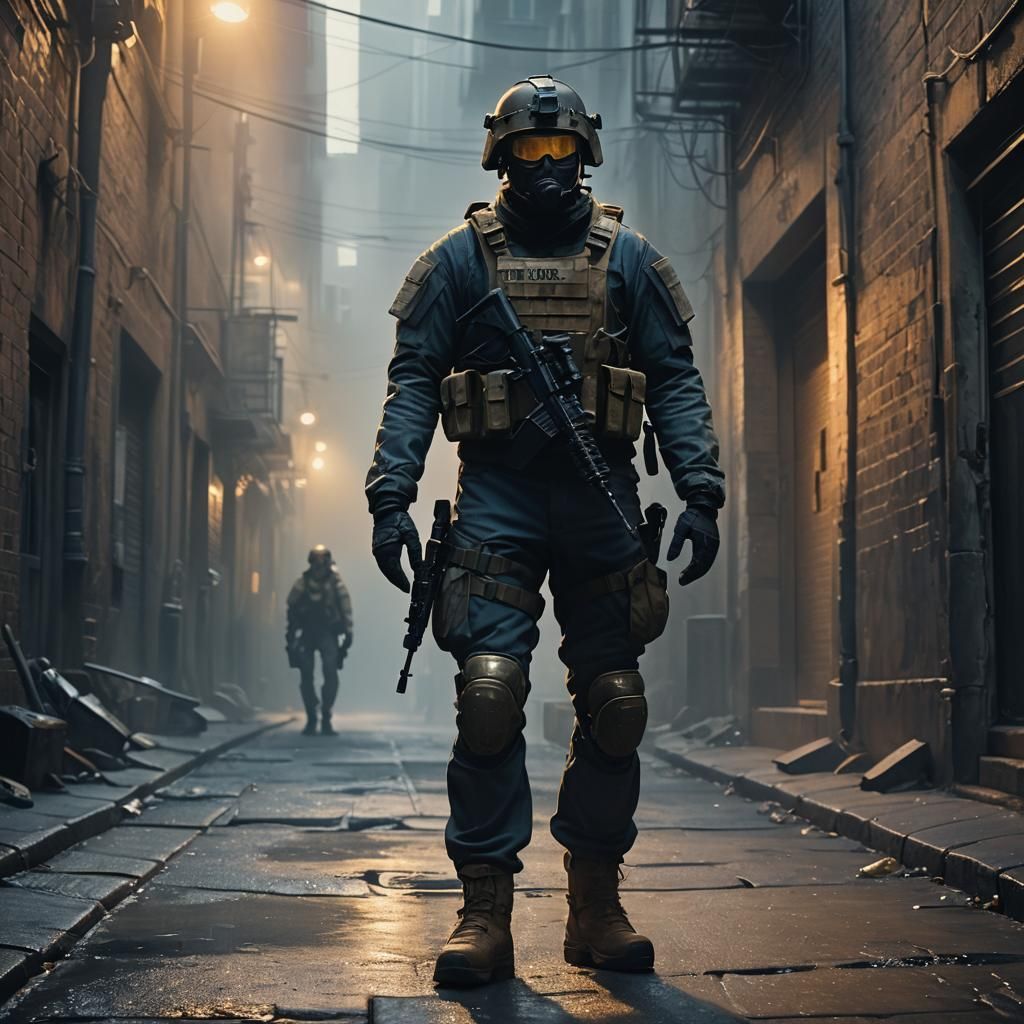 Hyperrealistic Soldier in Foggy Alleyway with Golden Hour Gl...