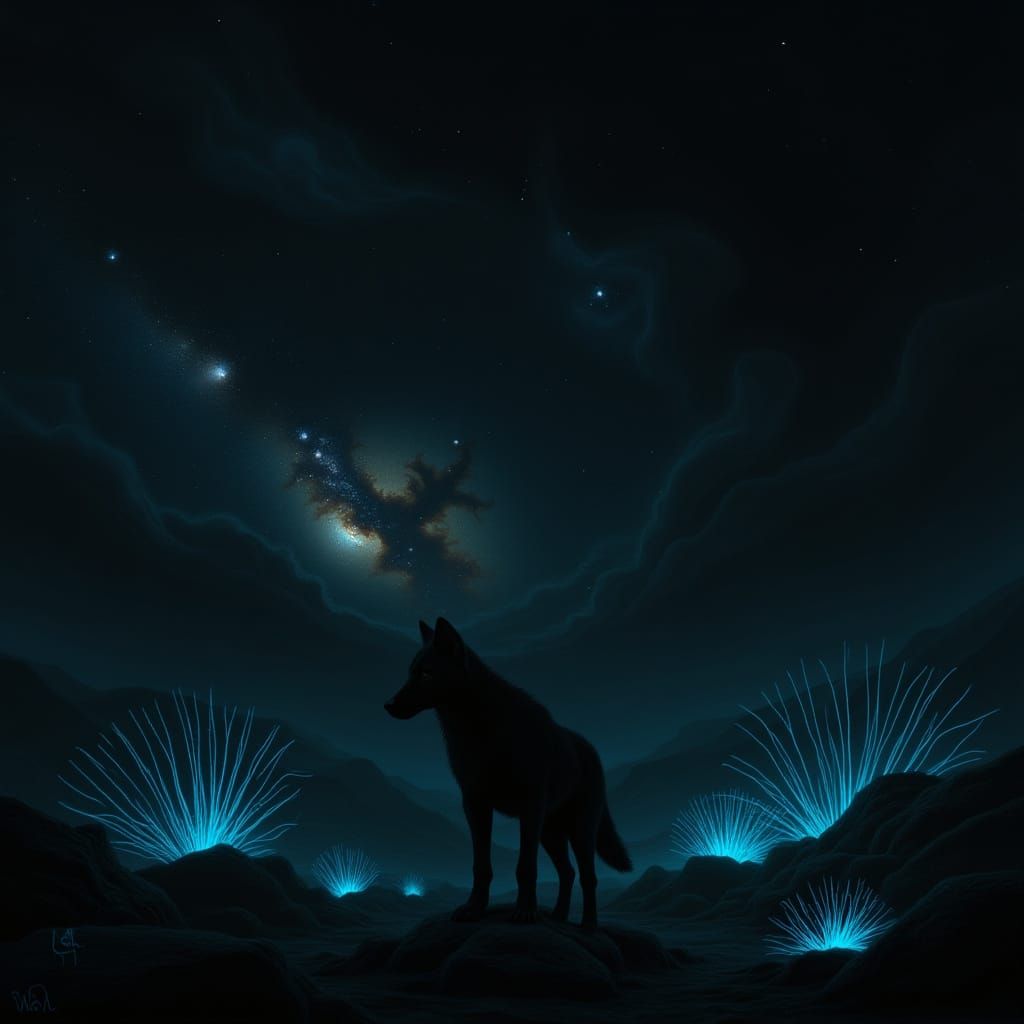 Lone Wolf on Alien Planet Under Nebulae Sky