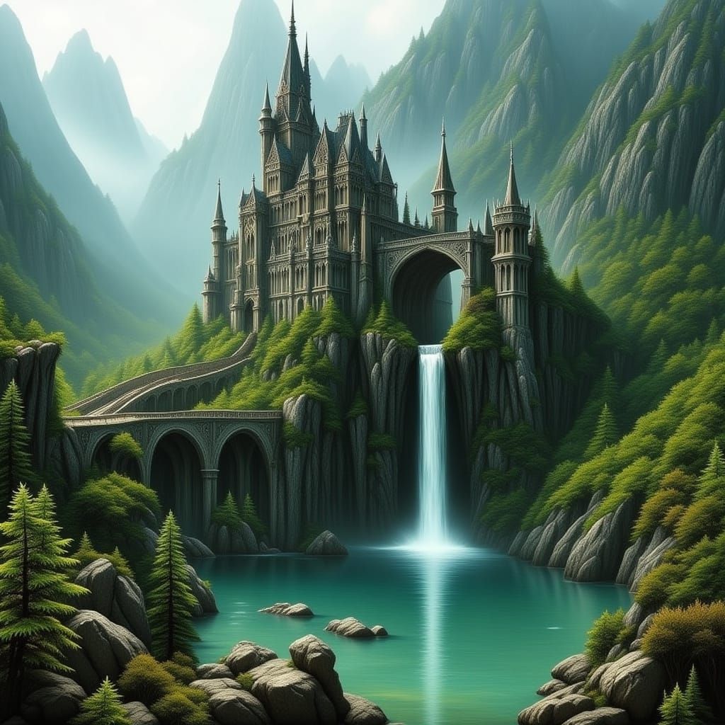 Whimsical Fantasy Castle Amidst Lush Mountains and Mists