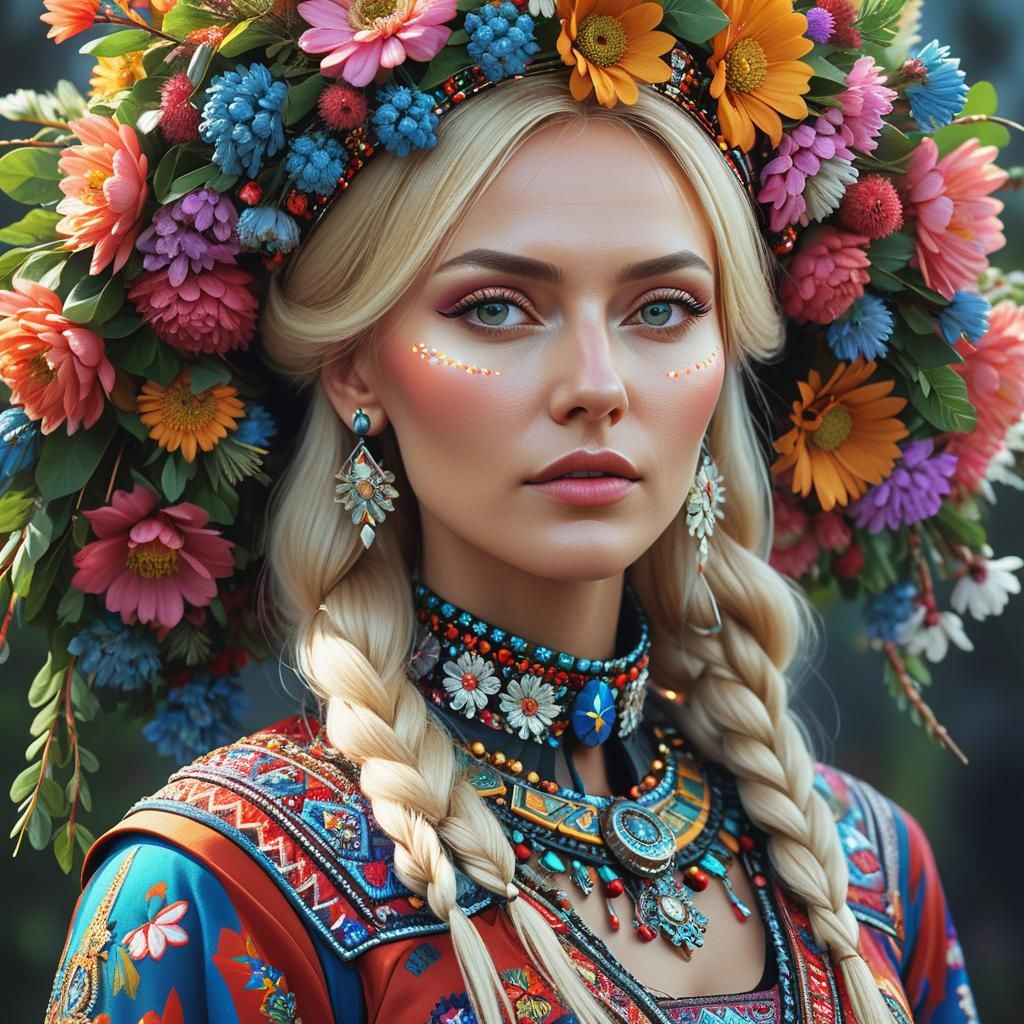 Slavic Woman with Futuristic Flowers in Digital Art