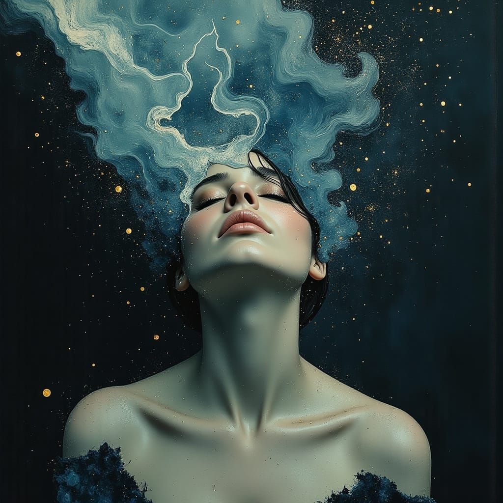 Ethereal Woman Swirling in Celestial Smoke, Stars and Dark S...