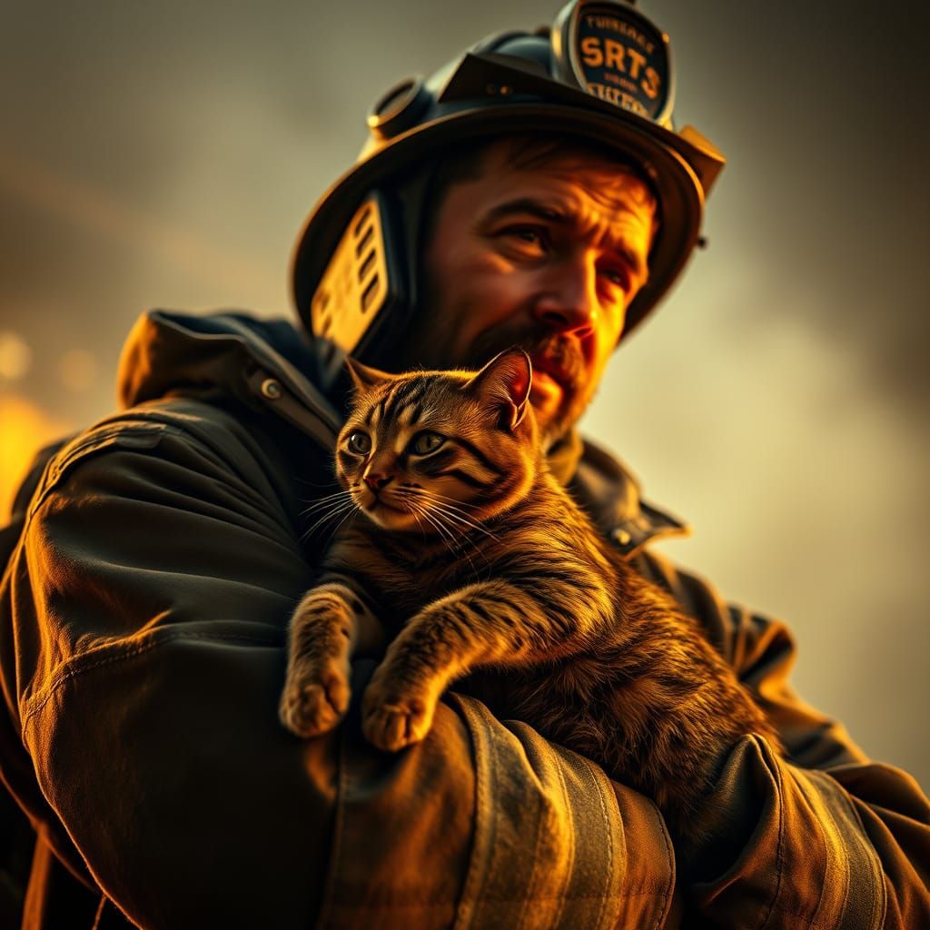 Heroic Fireman Tenderly Holds Tortoiseshell Cat Amidst Cinem...