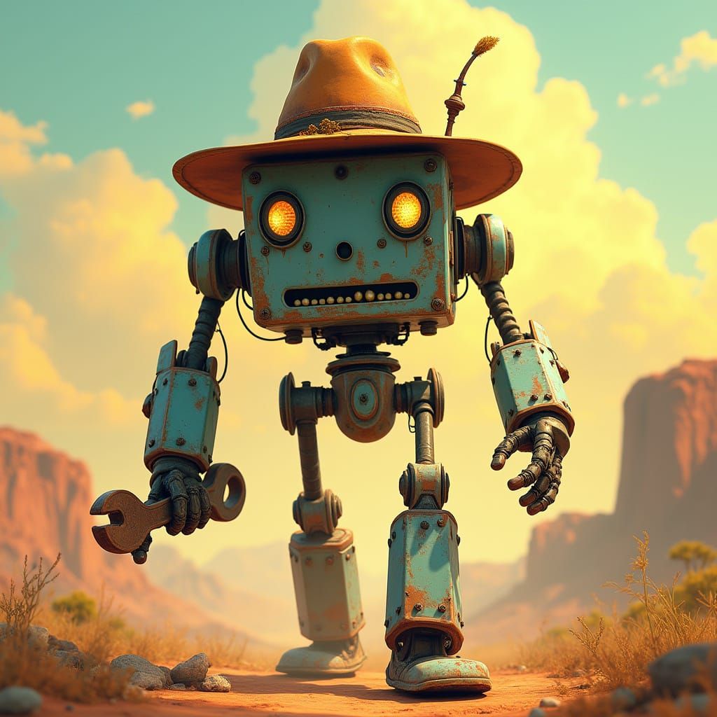 Vintage Robot with Wrench in Sun-Drenched Landscape