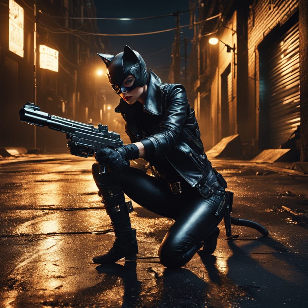 Highly Detailed Cat Woman Portrait in Dark Alleyway
