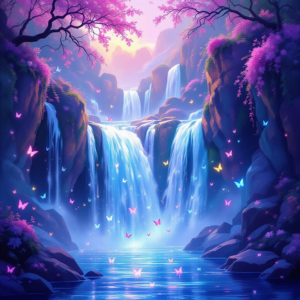 Enchanted Waterfall with Luminous Flora and Butterflies