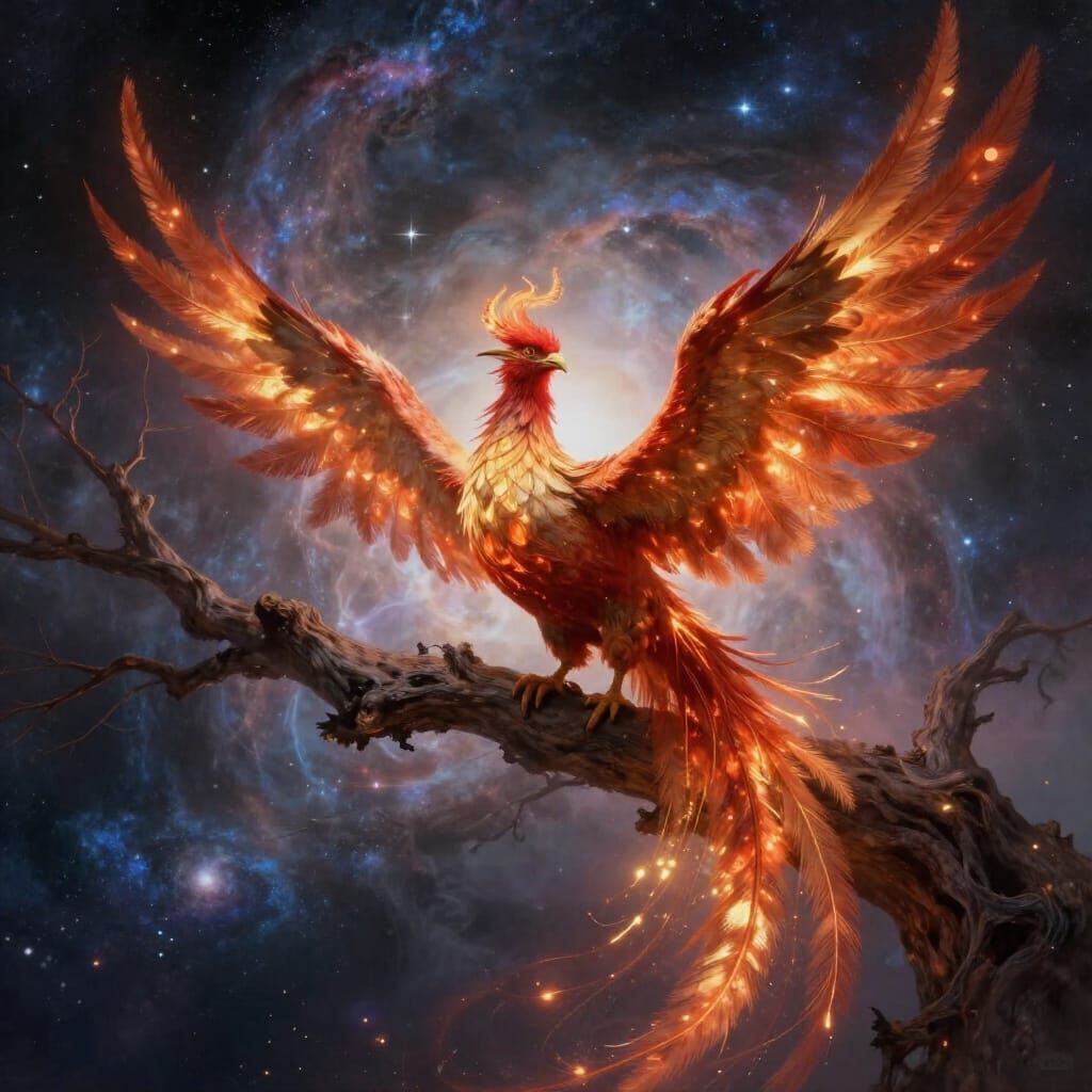 Majestic Phoenix on Ancient Branch in Starry Nebula