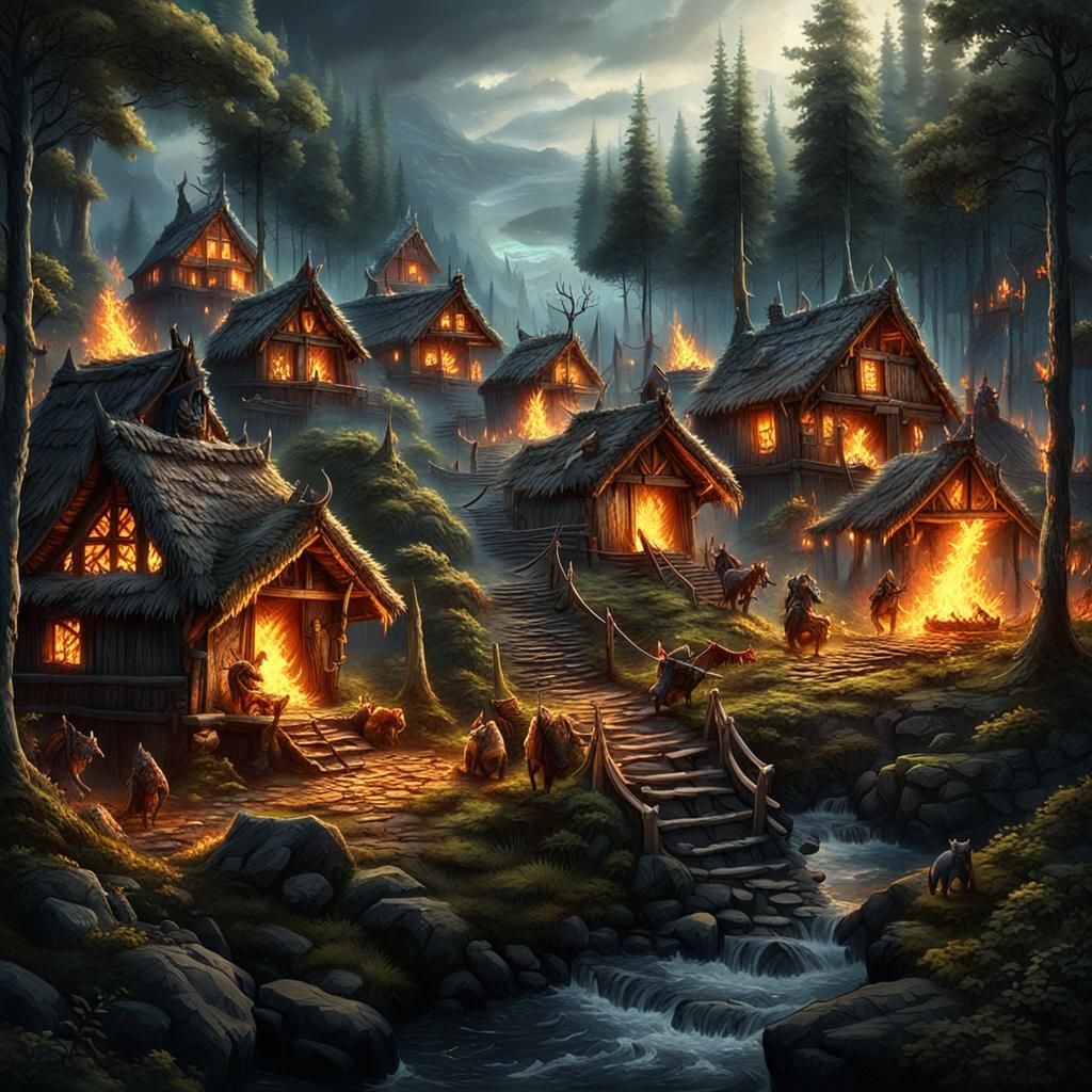 Vikings Raid Forest Village in Digital Matte Painting
