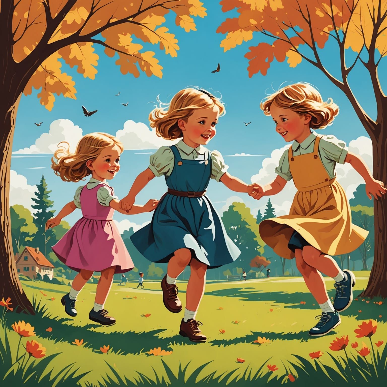 Children Playing, Mid-Century Illustration