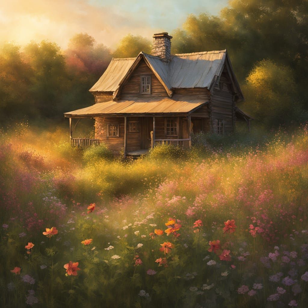 Whimsical Countryside Cottage Amidst Vibrant Wildflowers