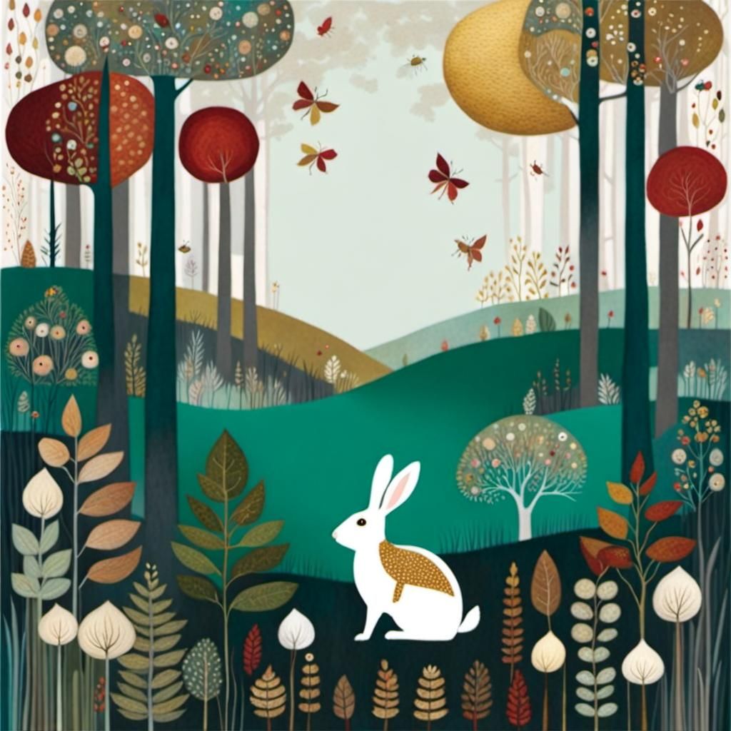 Autumn Rabbit in Forest Illustration, Klimt Style