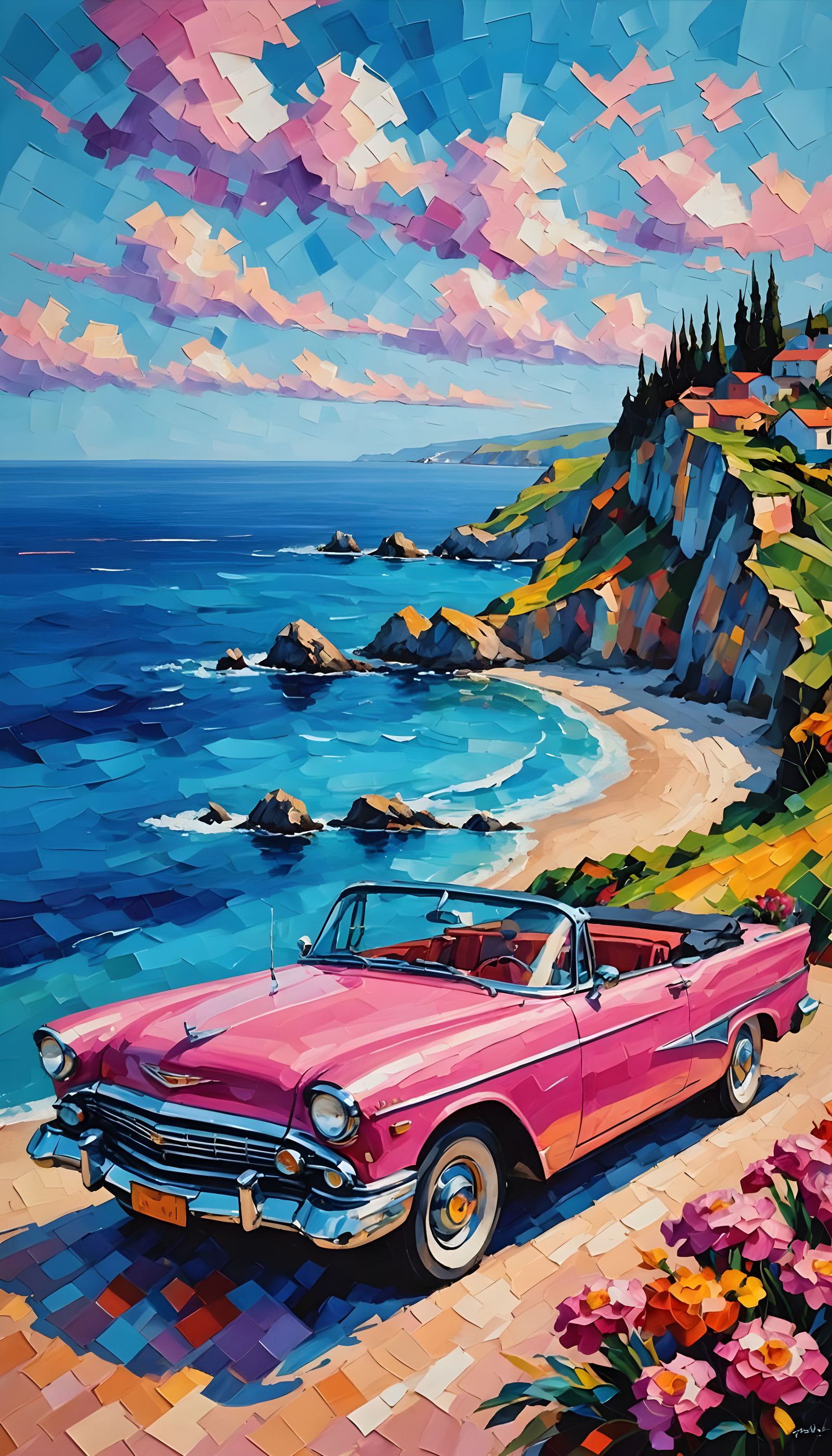 Vibrant Beachside Convertible in Neo-Impressionist Style