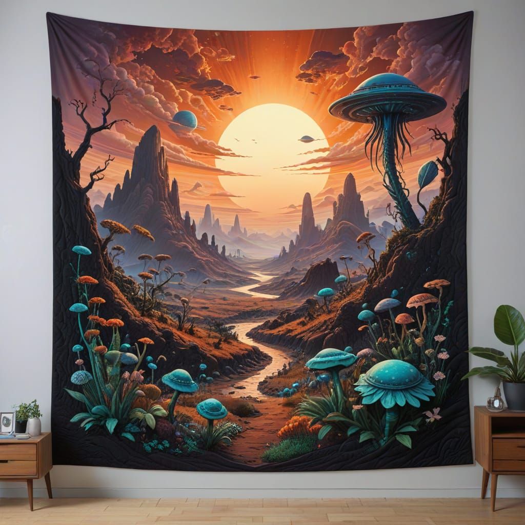 Alien Landscape Quilted Tapestry in Art Gallery