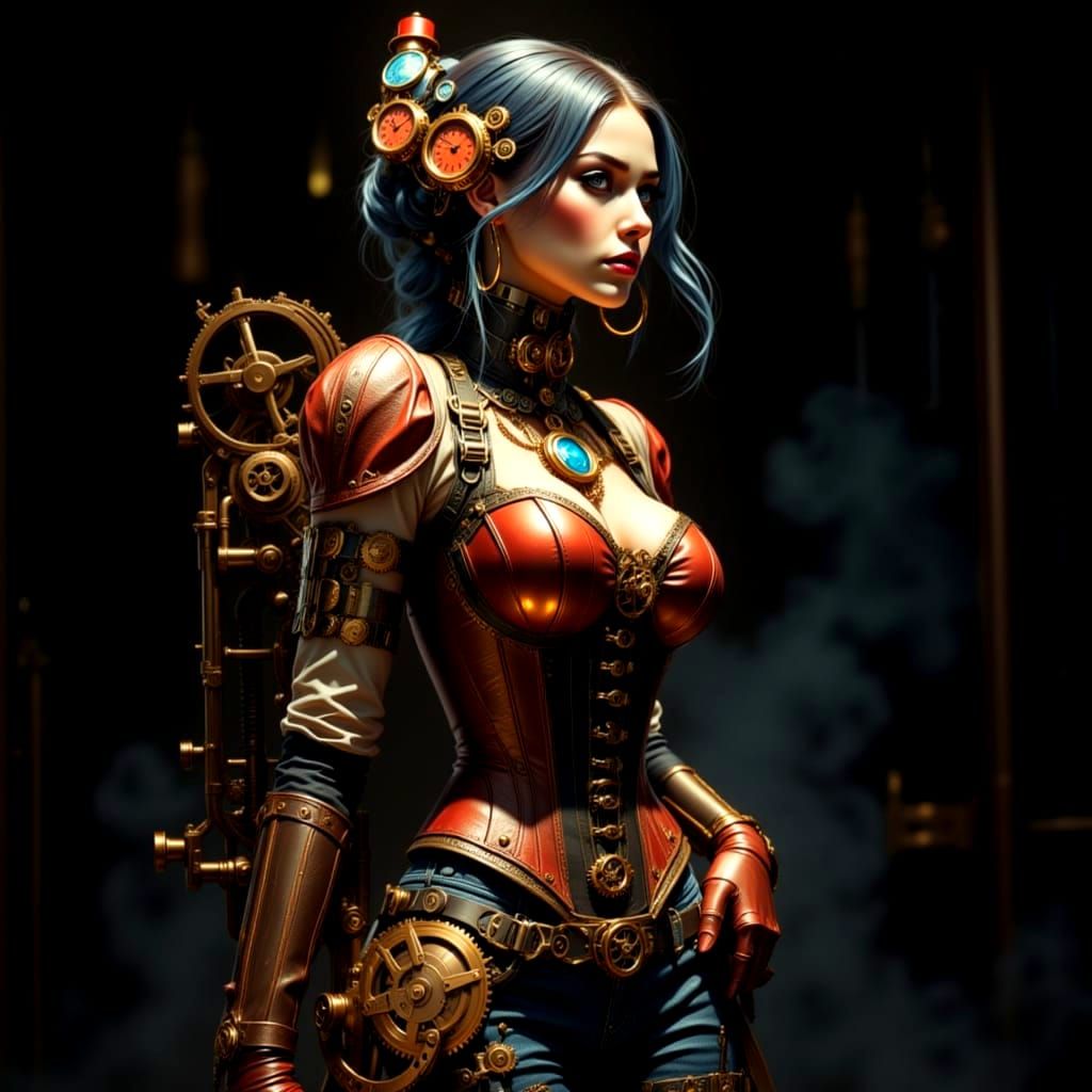 Steampunk Character Portrait in Red Corset and Top Hat