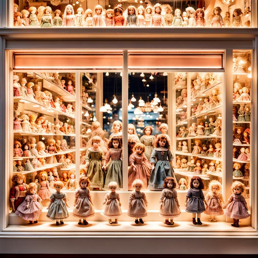 Intricate Porcelain Dolls in Toy Store Window