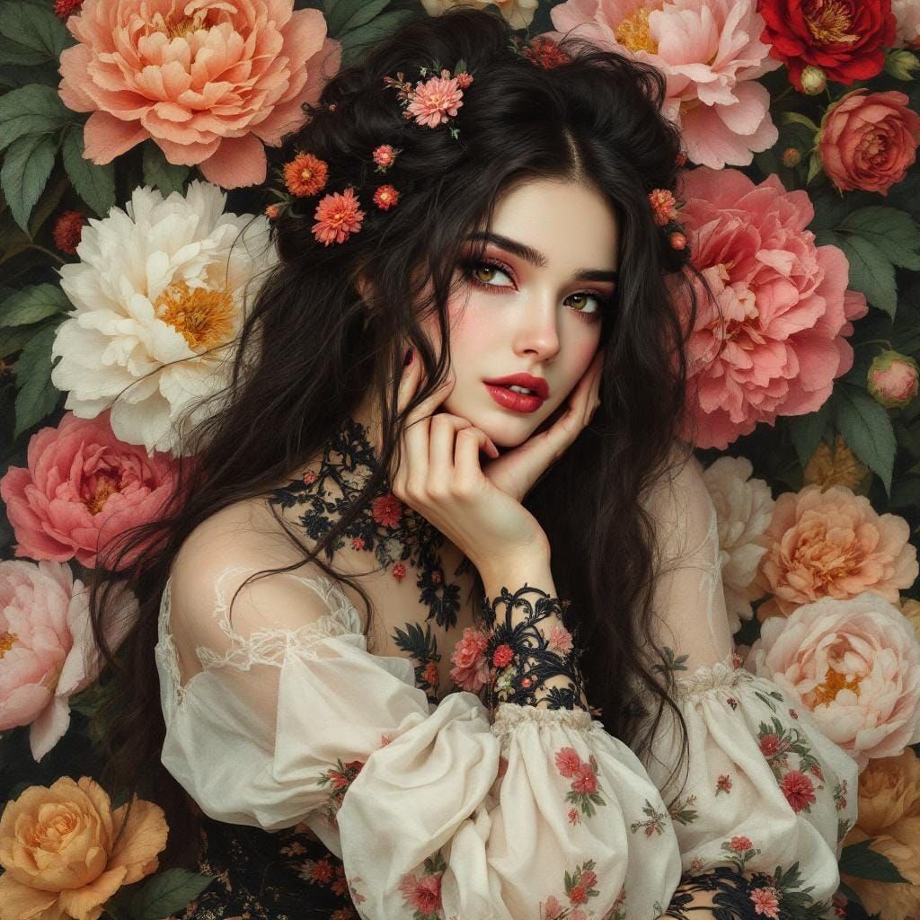 Elegant Woman with Floral Accents in Art Nouveau Style