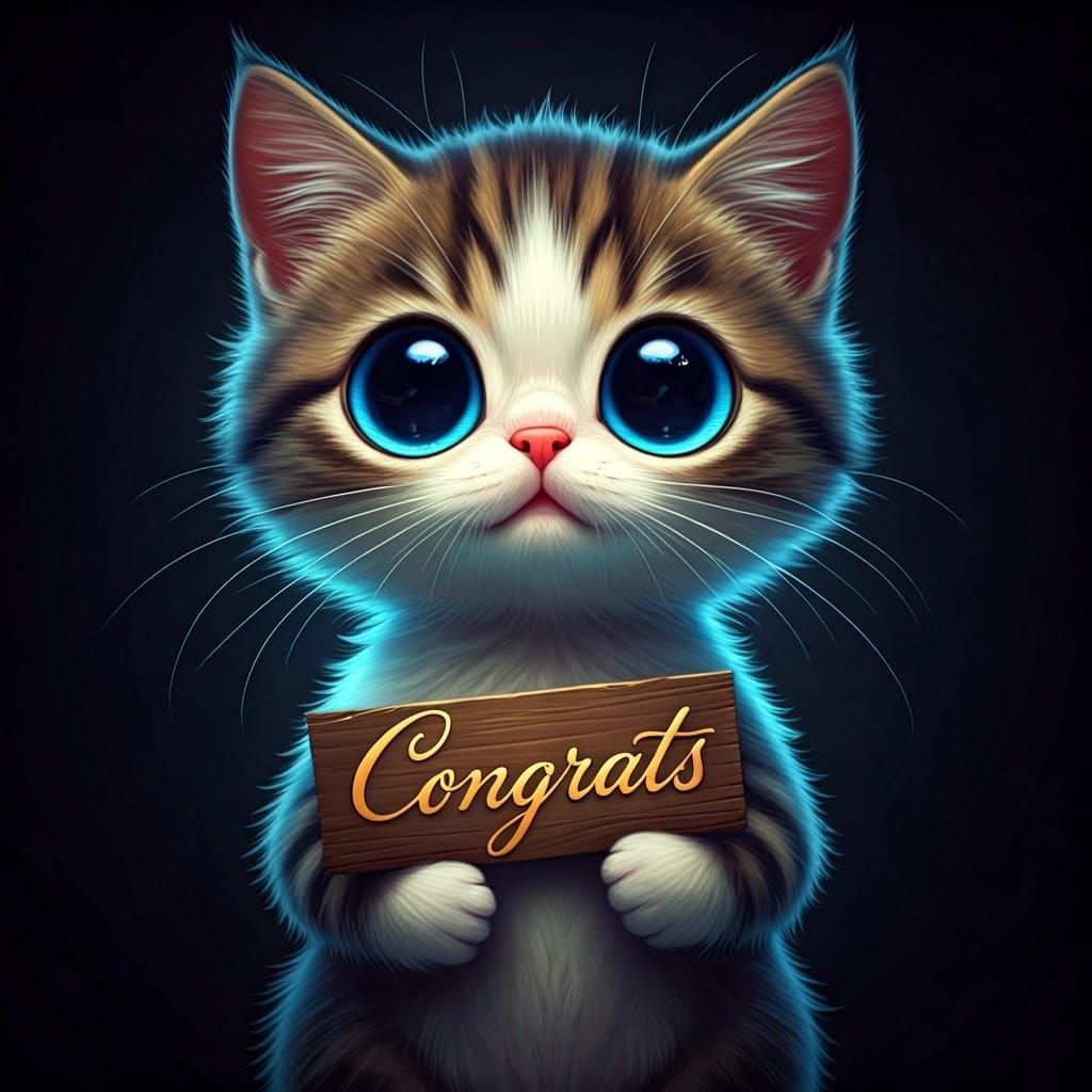 Cartoon Kitten Celebrates with "Congrats" Sign