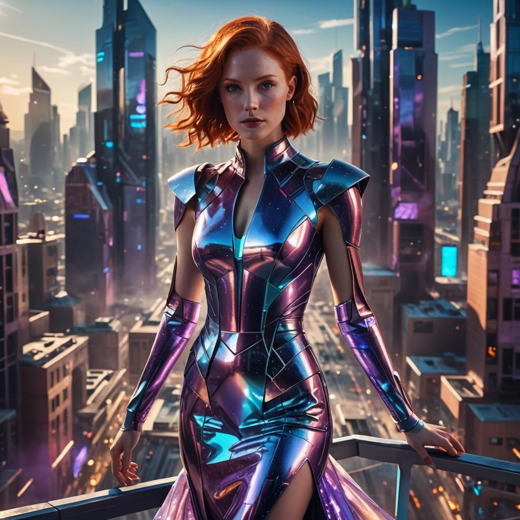 Futuristic Redhead in Cityscape Illustration