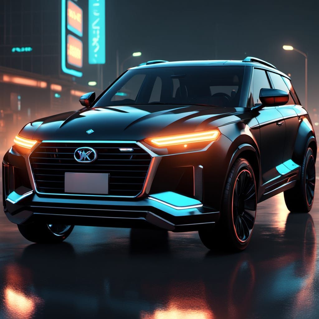 Sleek Futuristic Hammer Car in Neon Urban Night