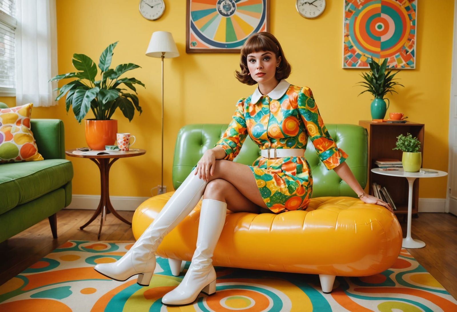 Woman in Psychedelic Dress Sits in Retro Living Room with In...