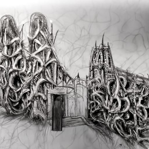 cathedral Eldritch hyperdetailed gothic art pencil sketch horror sci-fi rotten maggots stairs gateway entrance