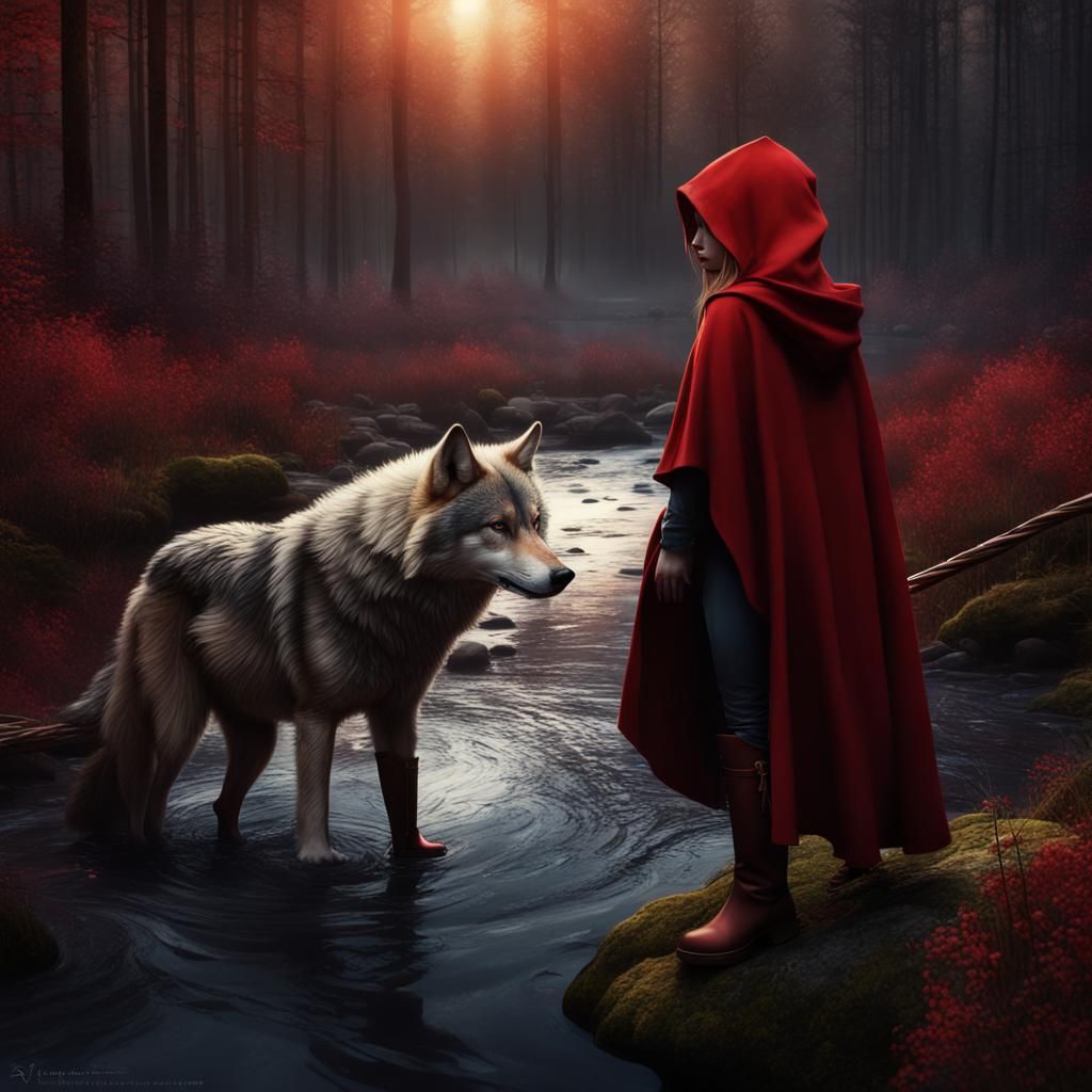Girl and Wolf Encounter in Forest: Hyperrealistic Rendering