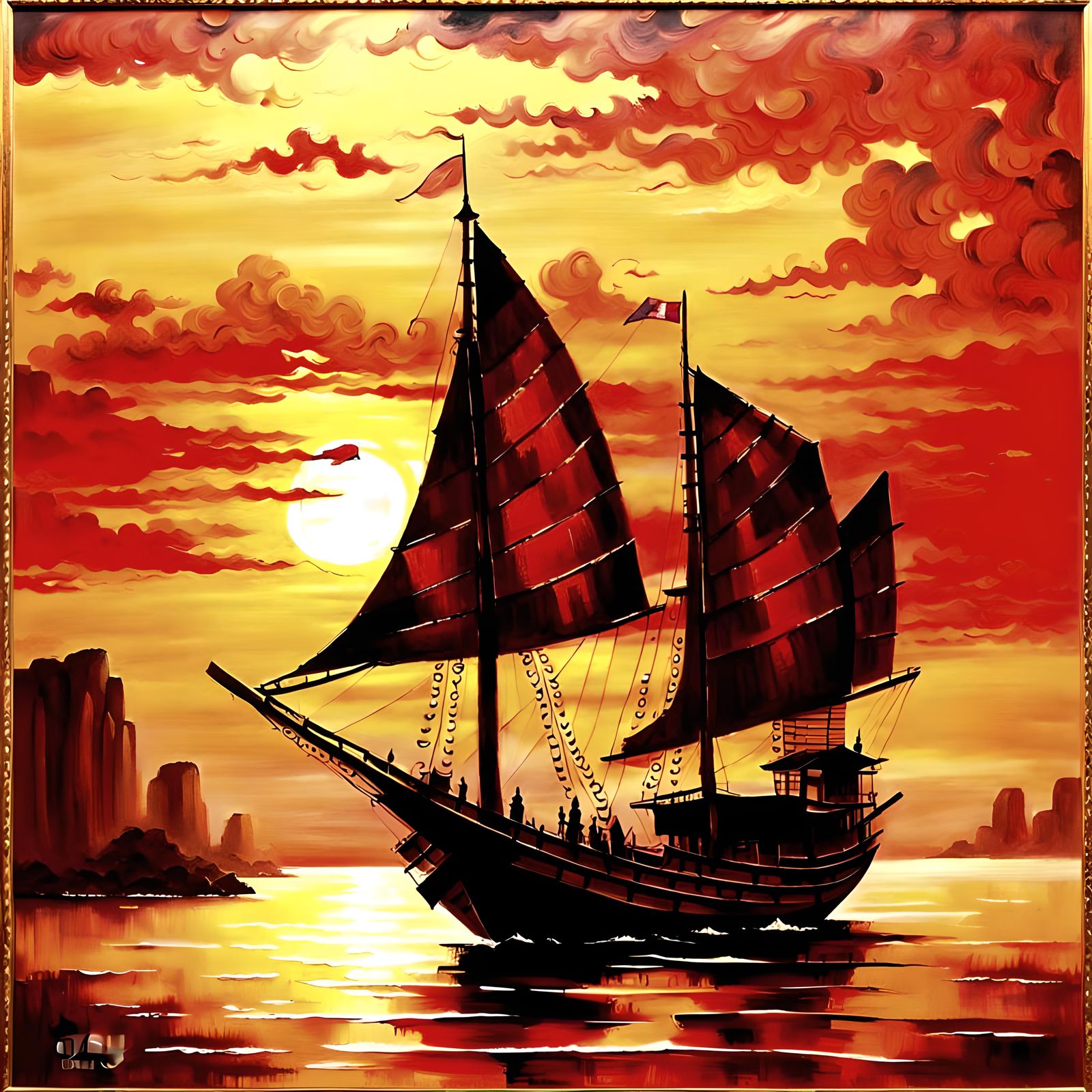 Chinese Junk Boat at Red Sunrise