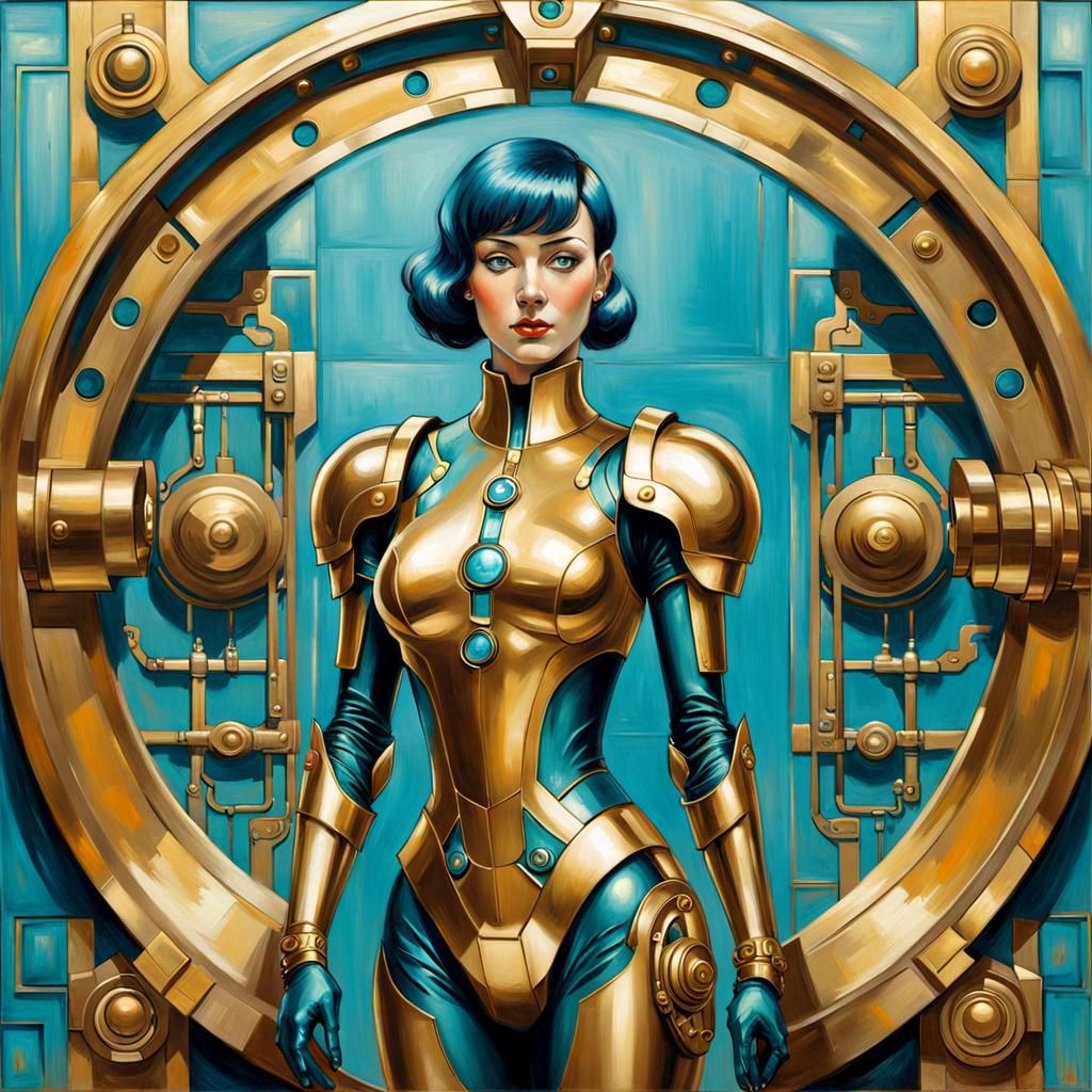 Cyborg and Brass Portal in Futuristic Realism