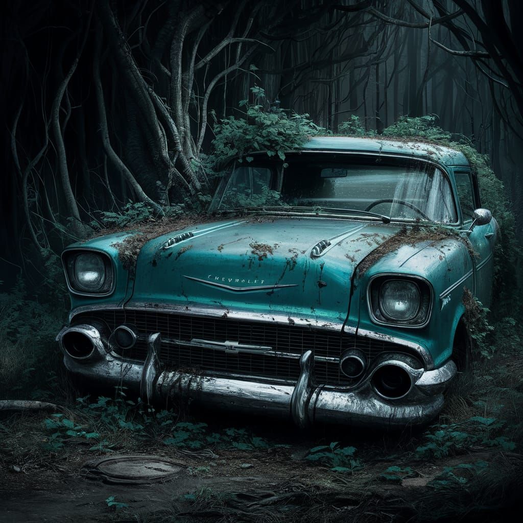 Abandoned Chevrolet in Forest: Dark Fantasy Illustration