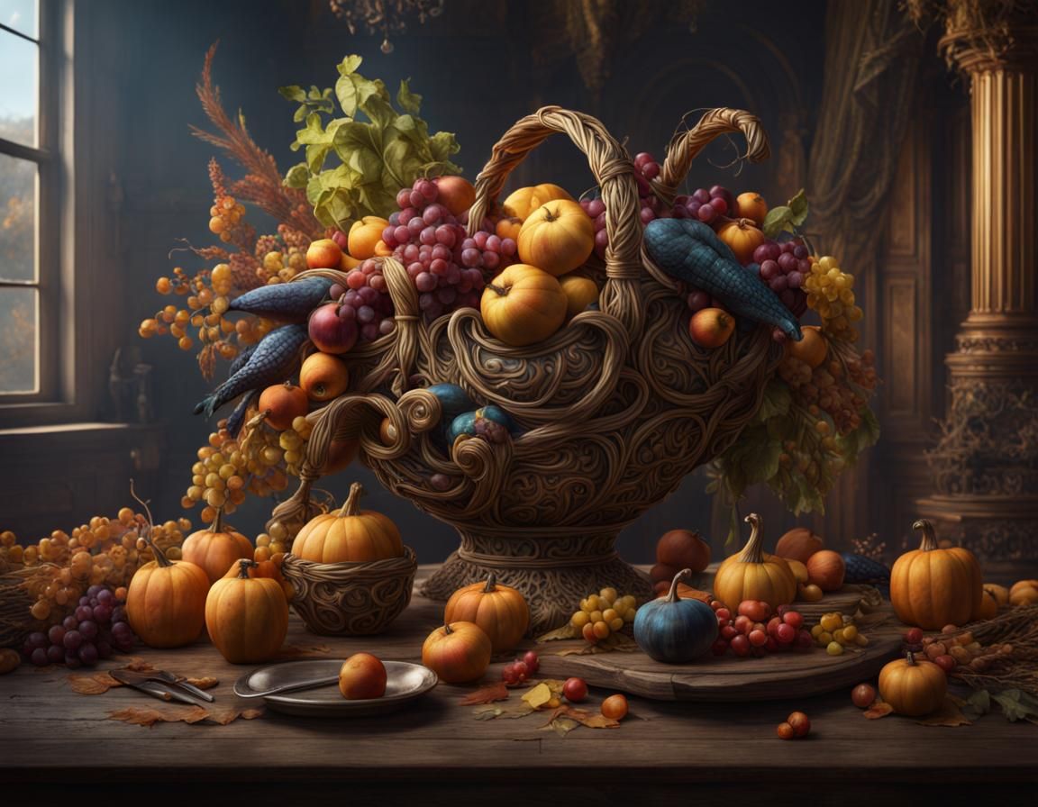 Detailed Still Life of a Fantastical Cornucopia