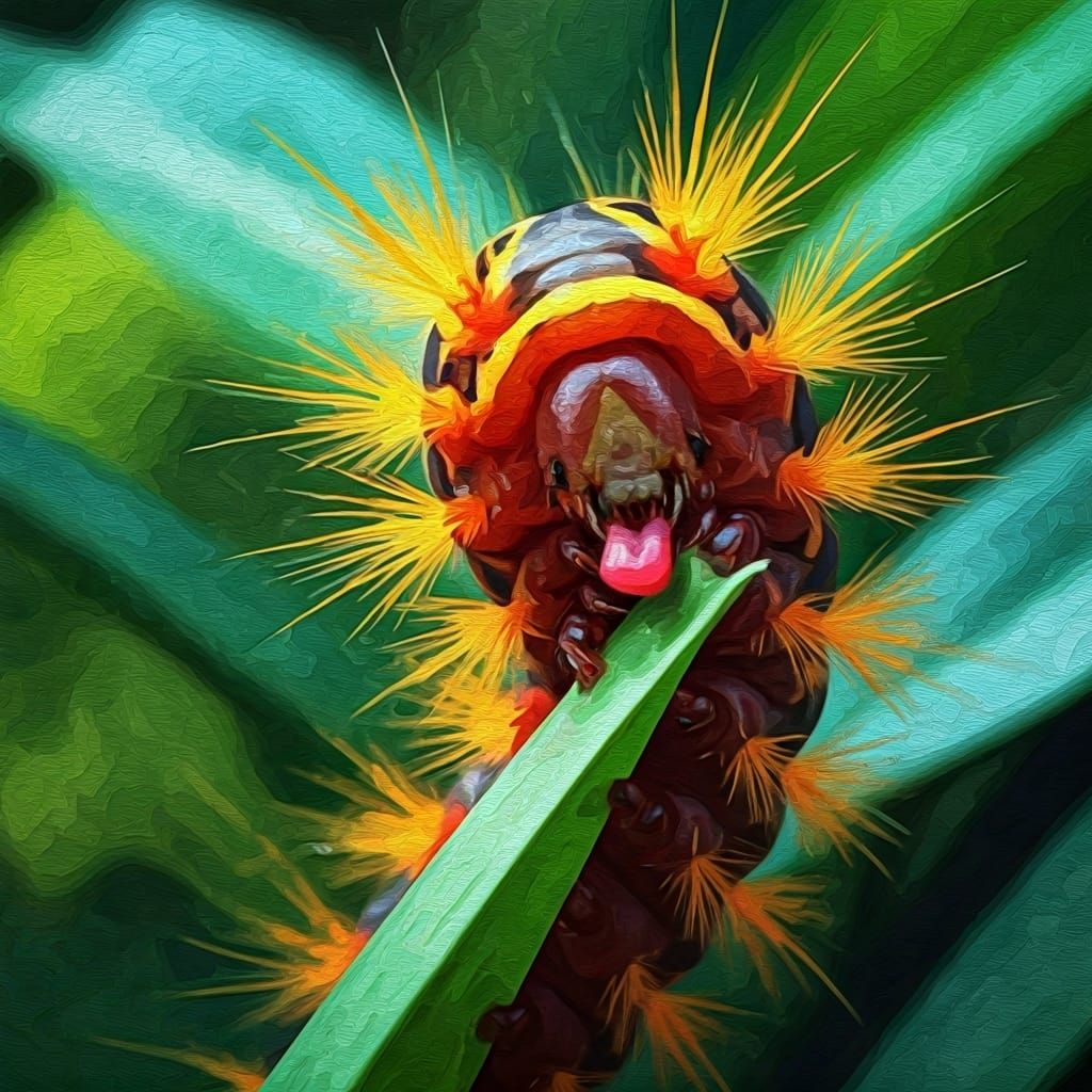 Excited Caterpillar in Gouache Style Impasto Painting