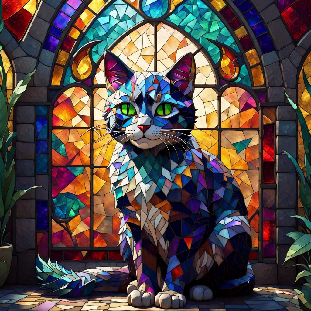 Stained Glass Mosaic Cat in Bright Colors