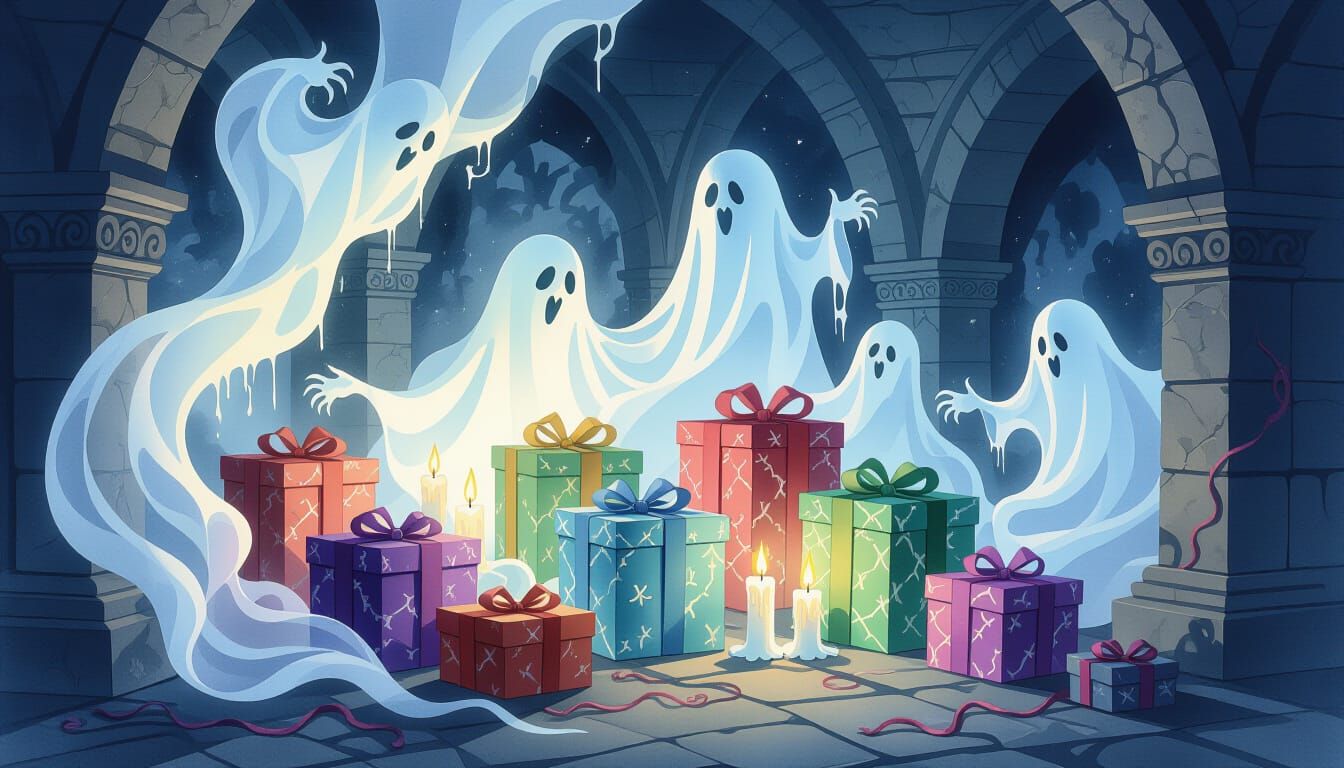 Ethereal Crypt Scene: Watercolor and 3D Rendered Gifts