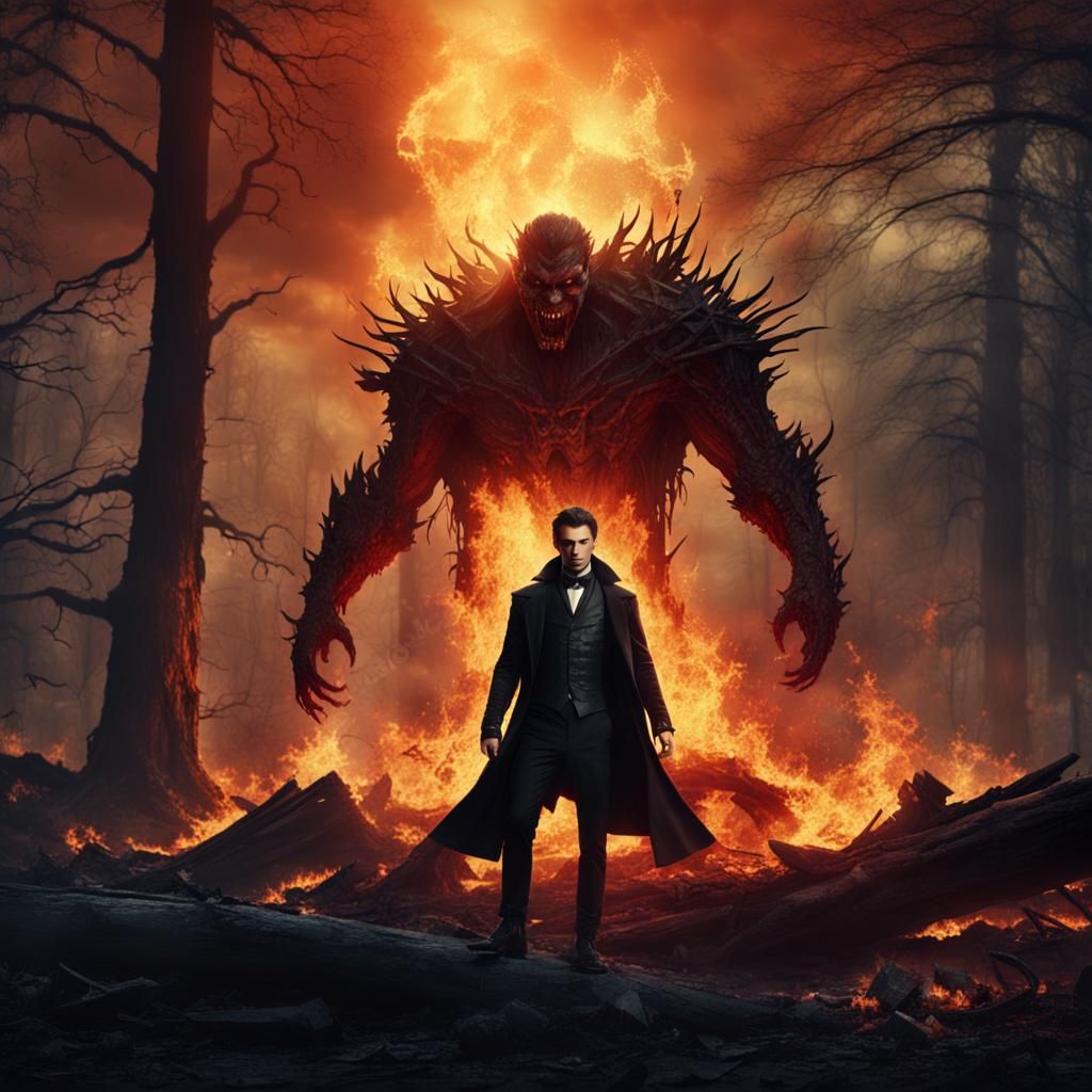 Dramatic Vampire in Burning Forest: Digital Matte Painting