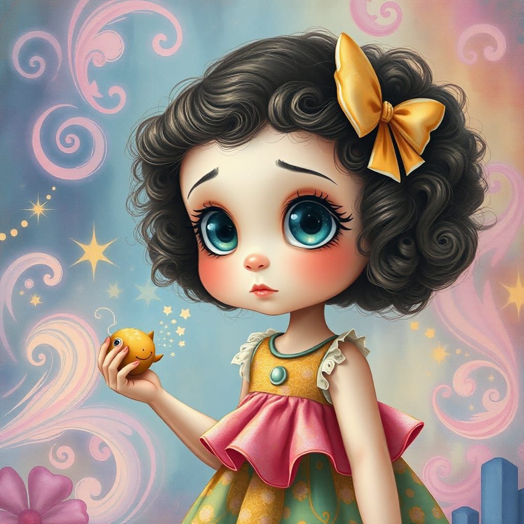 Dreamy Big-Eyed Girl in Whimsical Pastel Wonderland