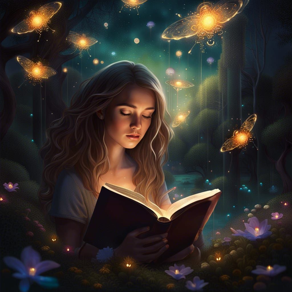 Girl Reading in Enchanted Surreal Landscape