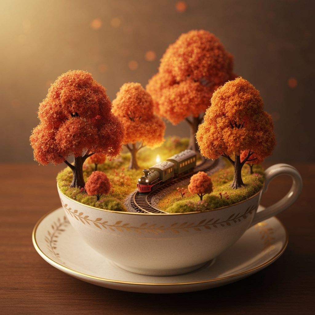 Autumn Forest Teacup Diorama with Miniature Train