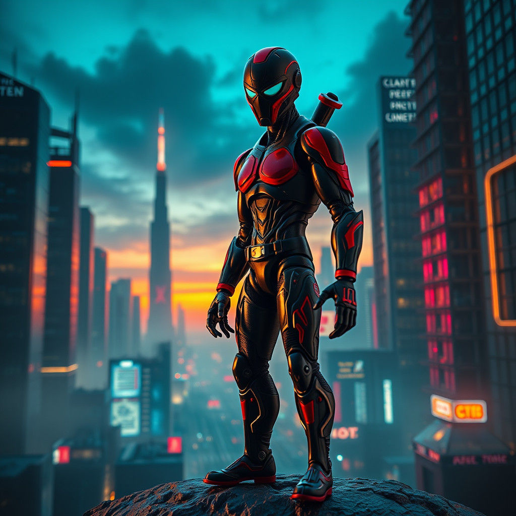 Dystopian Action Figure in Sci-Fi Cityscape