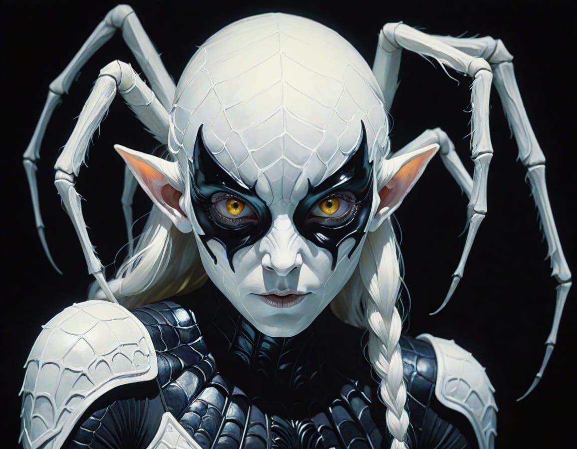 Ethereal Elf Maiden with Spider Legs and Mask in Neon-Lit Da...