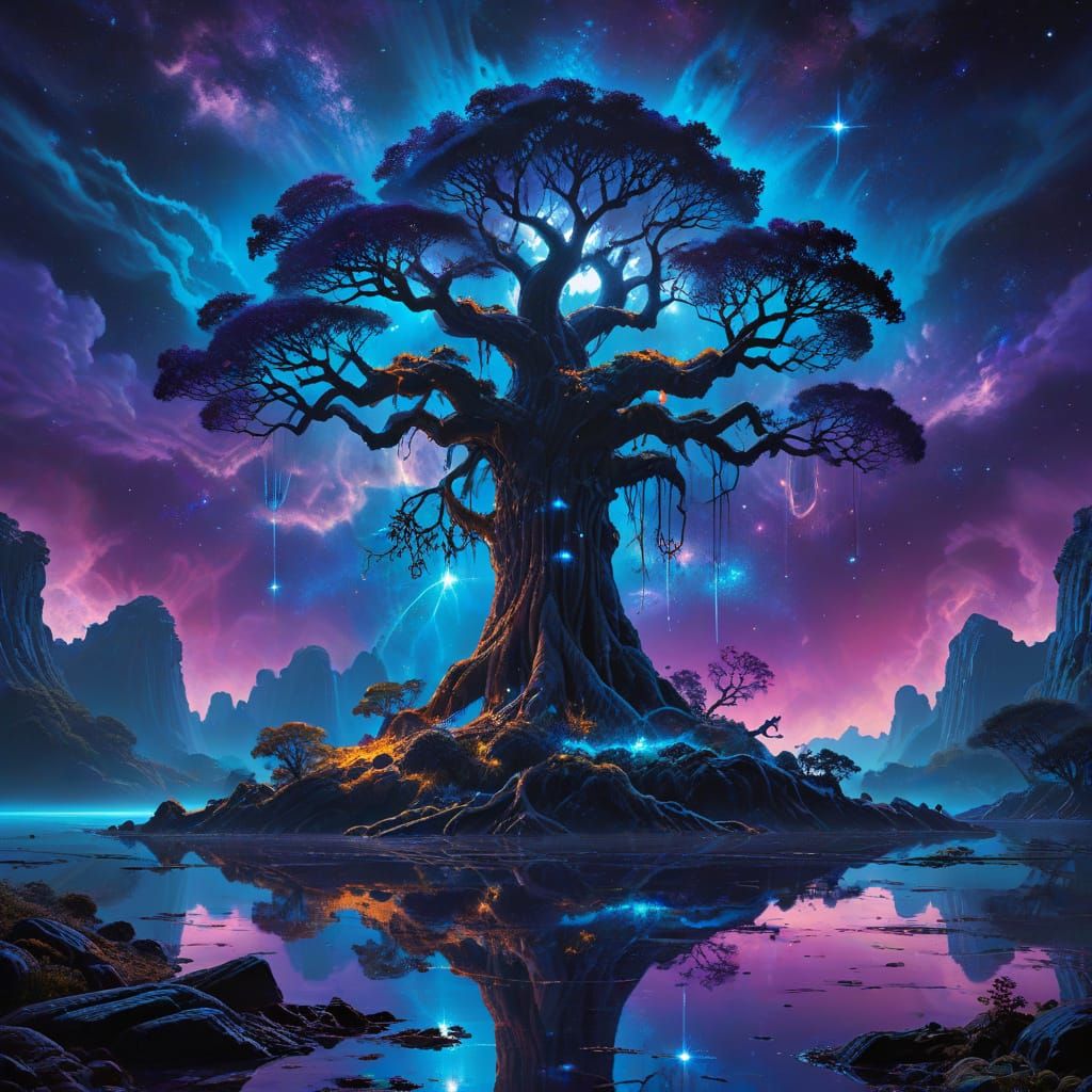 Ancient Cosmic Tree Anchors Floating Island in Space