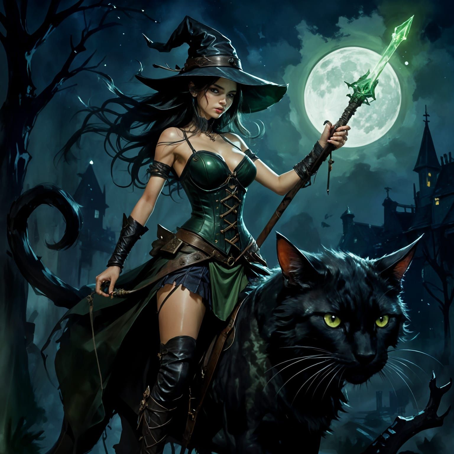 Mysterious Witch Rides Black Cat Under Full Moon