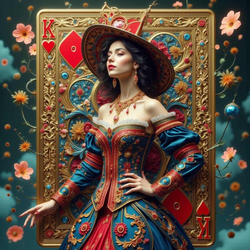 Majestic Woman Emerge from Oversized Playing Card in Realism...