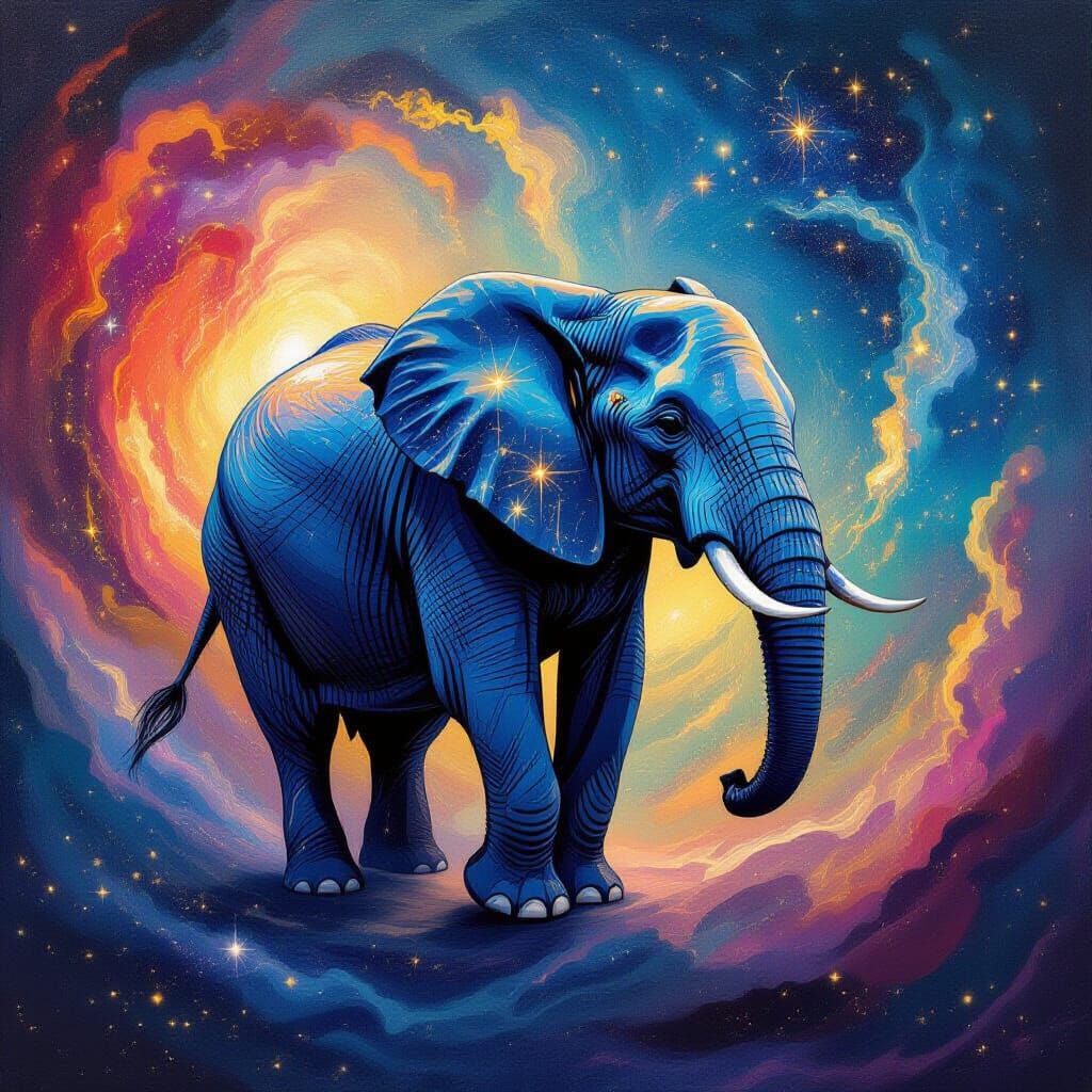 Cosmic Elephant in Nebula, Dreamlike Painterly Textures